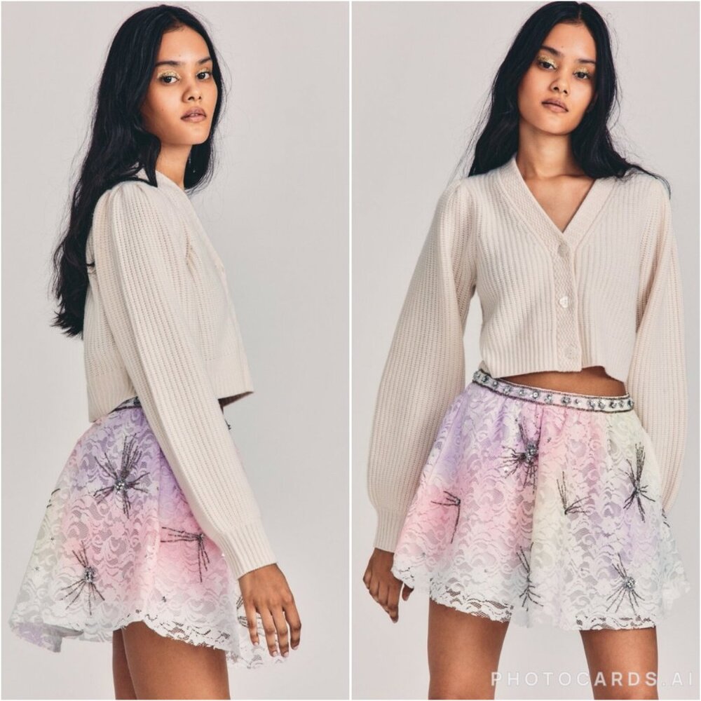 NWOT LoveShackFancy  KEZIA MINI SKIRT Tie Dye Pink Lilac White Crystals size S